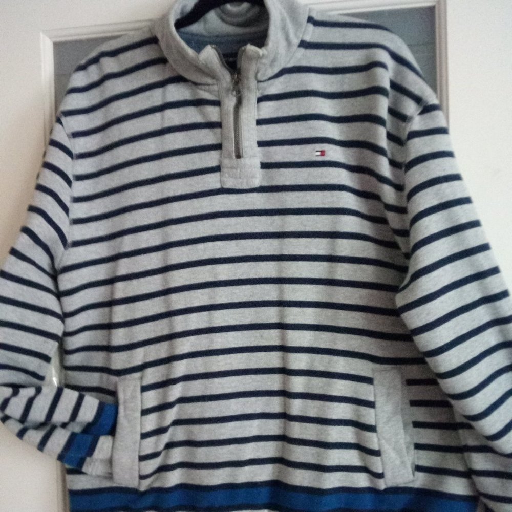 Tommy Hilfiger, Unisex XL Zipper Pullover,  Grey, Navy Stripes,  Blue Ac…